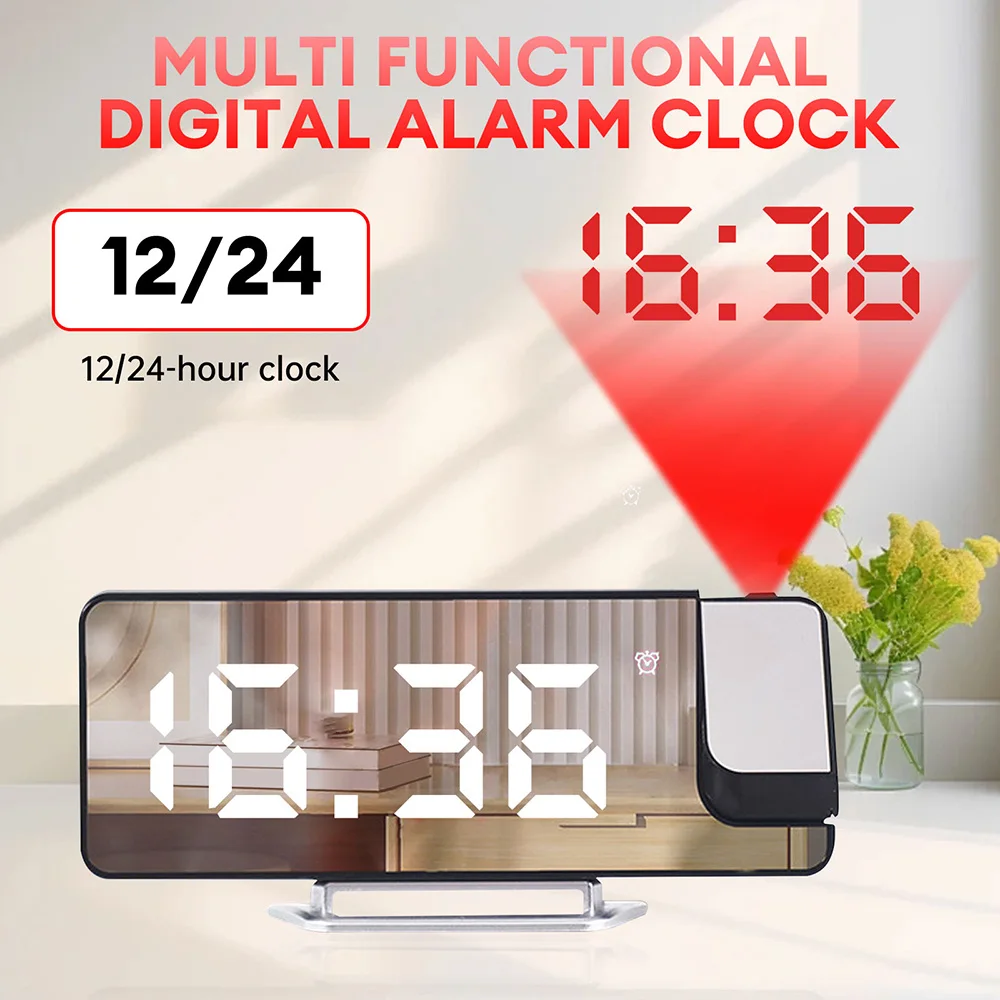 New LED Mirror Projection Alarm Clock Electronic Table Clock Bedside Desk Clock Temperature Date Display Snooze Alarm Clock