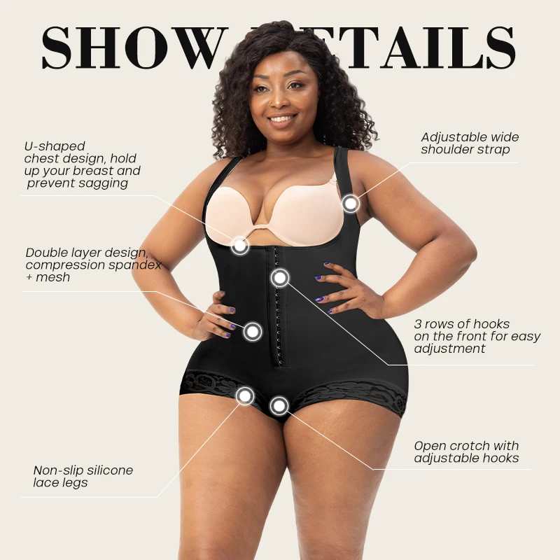 Women Plus Size Slimming Waist Body Shaper Tummy Control Hip Enhancer Shapewear Bodysuit Faja With Adjustable Hooks Crotch