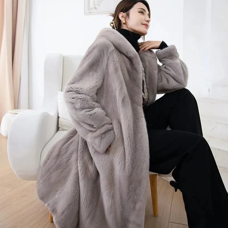 Autumn Winter New Mink Fur Coat Women High Quality Hooded Mao Mao Outwear Knee Long Overcoat European Mink Fur Jacket female Top