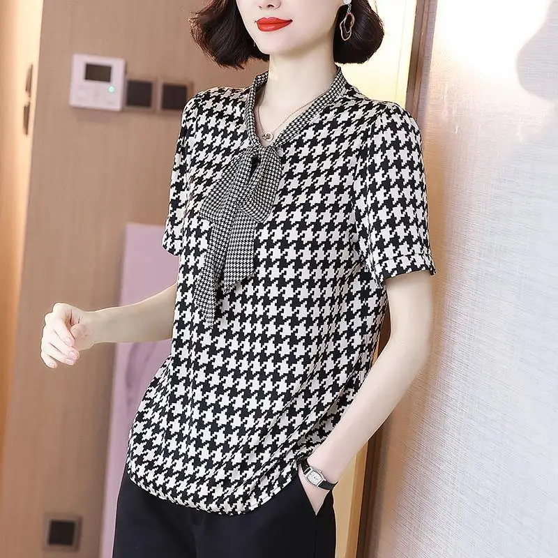 Women Houndstooth Print Lace Up Bow Elegant Blouse Summer Korean Style V Neck Short Sleeve Office Lady Casual Shirts Blusas Ropa