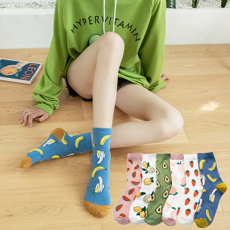 

Women Spring Autumn Happy Casual Sox Funny Cartoon Fruits Banana Avocado Lemon Peach Strawberry Watermelon Harajuku Female Socks