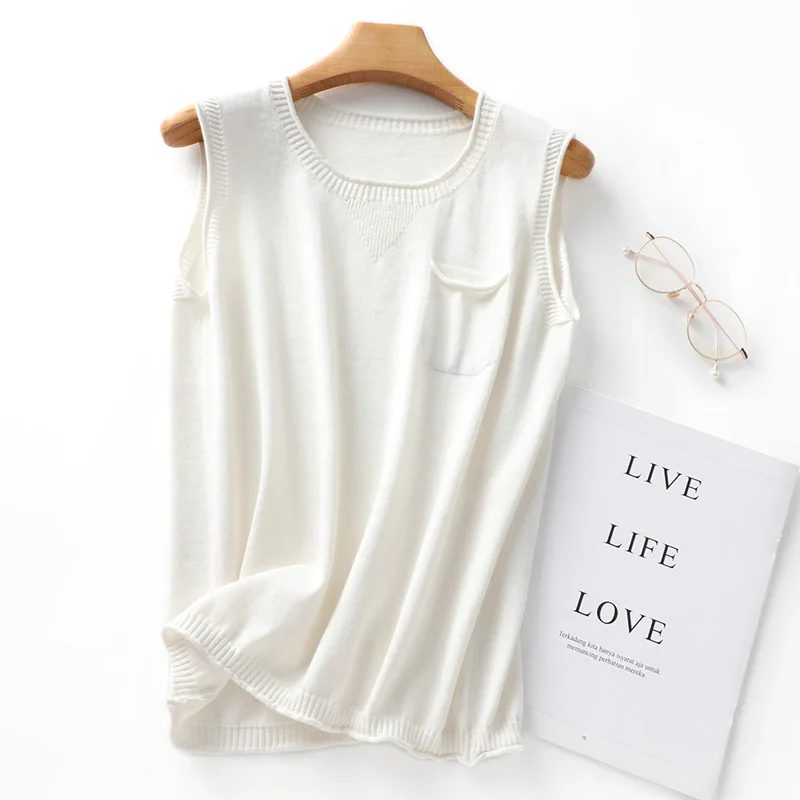 WinvyNee Summer Women 100% Cotton T-shirts Vest O Neck Tops with Pocket Clothes Solid Casual Tank Cute Top Pullover C1092003