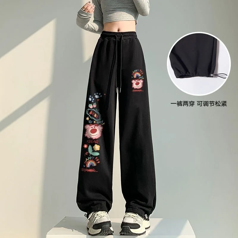 กางเกงสตรีทแวร์ลายคุโรมิสไตล์ Y2K ทรงเรโทร ฮิปฮอป ผ้าสเวตแพนท์ ผู้หญิง ทรงหลวมตรง เอวสูง พิมพ์ลายโลตโซ