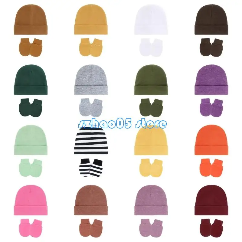 

85LE Set of 1 Elastic Infant Fetal Hat with Matching Mittens Soft Fabric Shower Gift for Delicate Skin Neutral Color Option