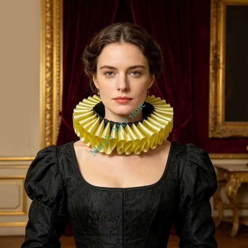 Gold Pleated Ruffs Collar with Adjustable Back Ties Detachable Collar Neck Accessory for Women Stage Show and Party Cosplay