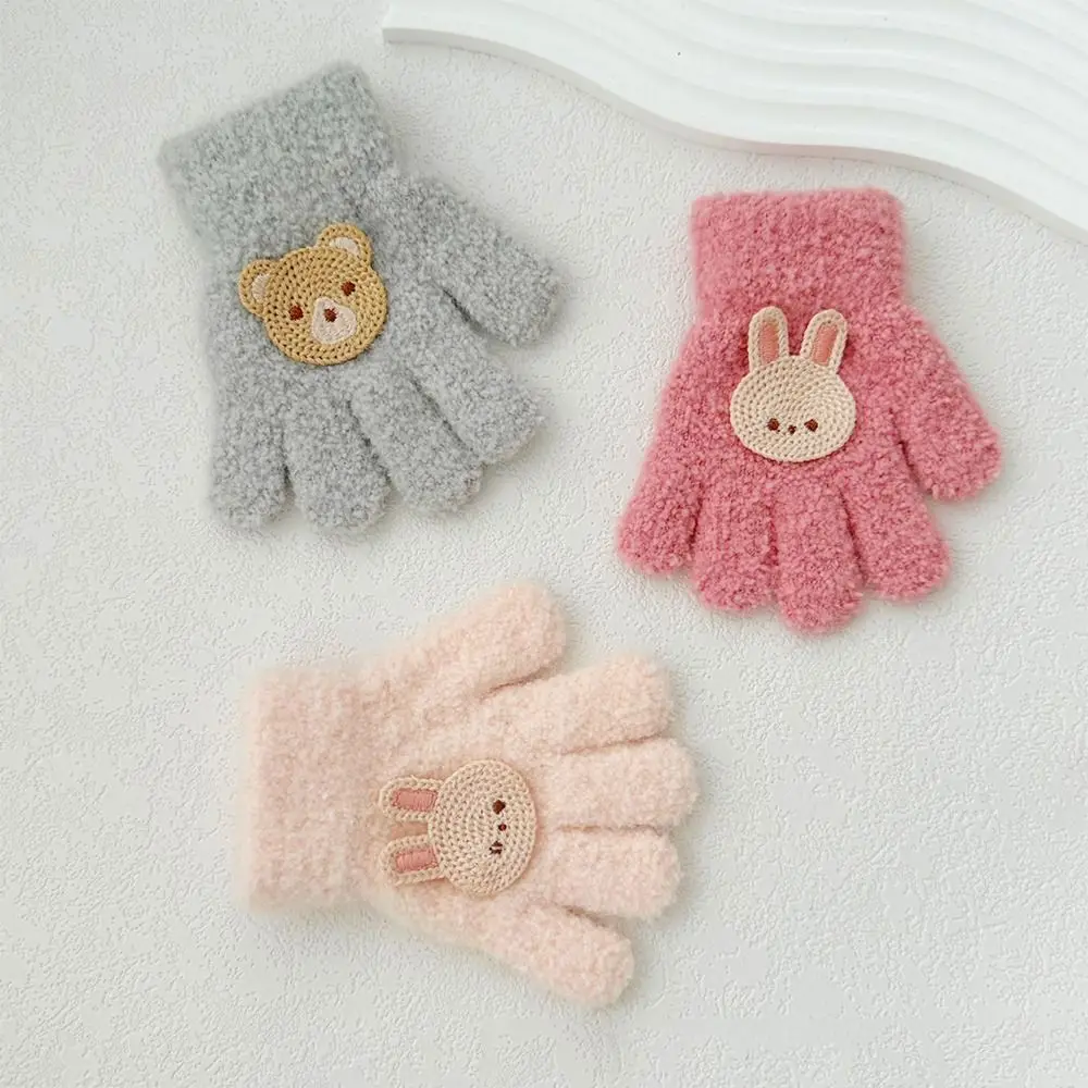 Autumn Bear Baby Fluffy Gloves Rabbit Korean Style Cartoon Pattern Gloves Solid Color Full Finger Knitted Mittens Kids