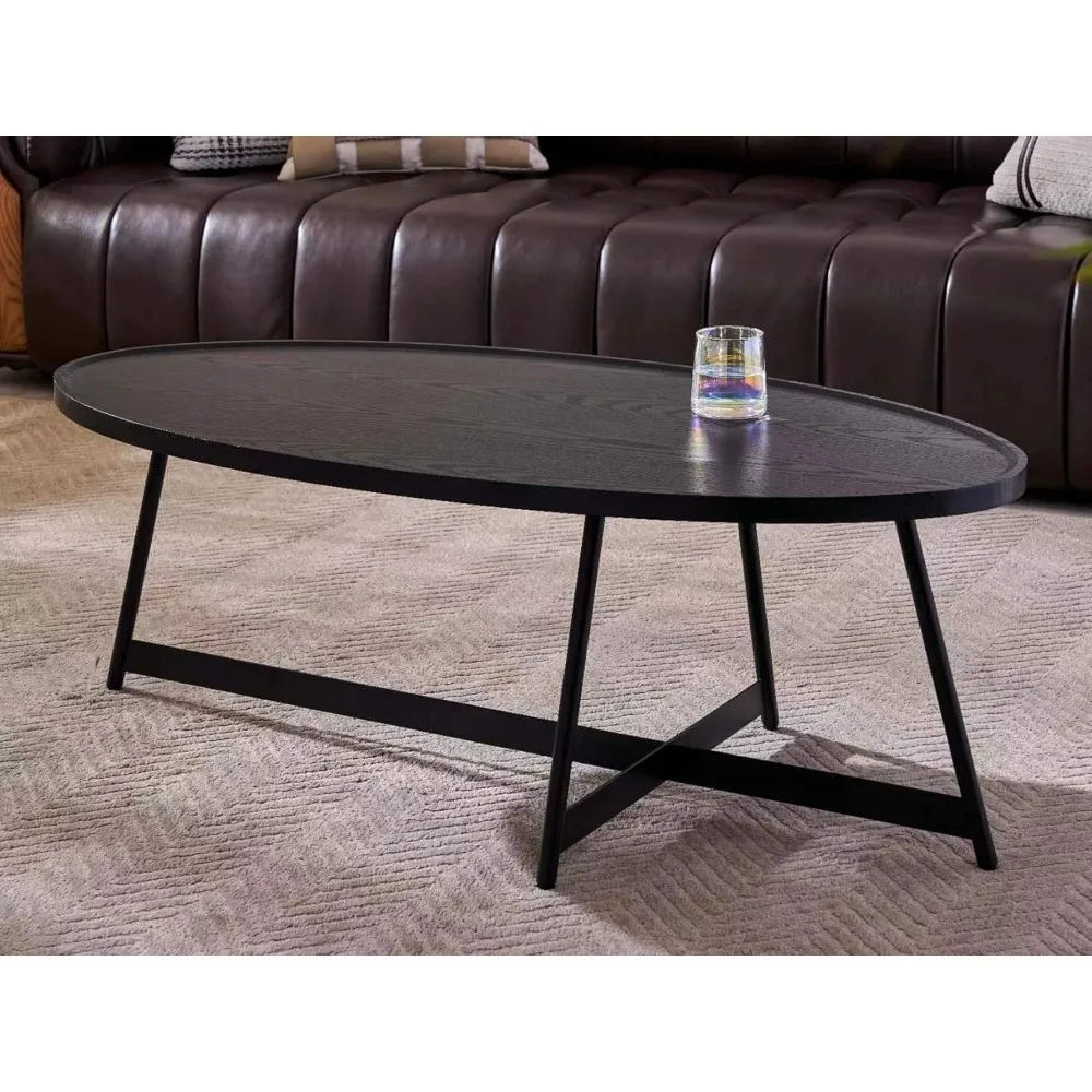 Walnut Living Room Coffee Table with Metal Frame, 43.3 Diameter x 21.6 Width x 15.7 Height, Black Wood and Metal Base