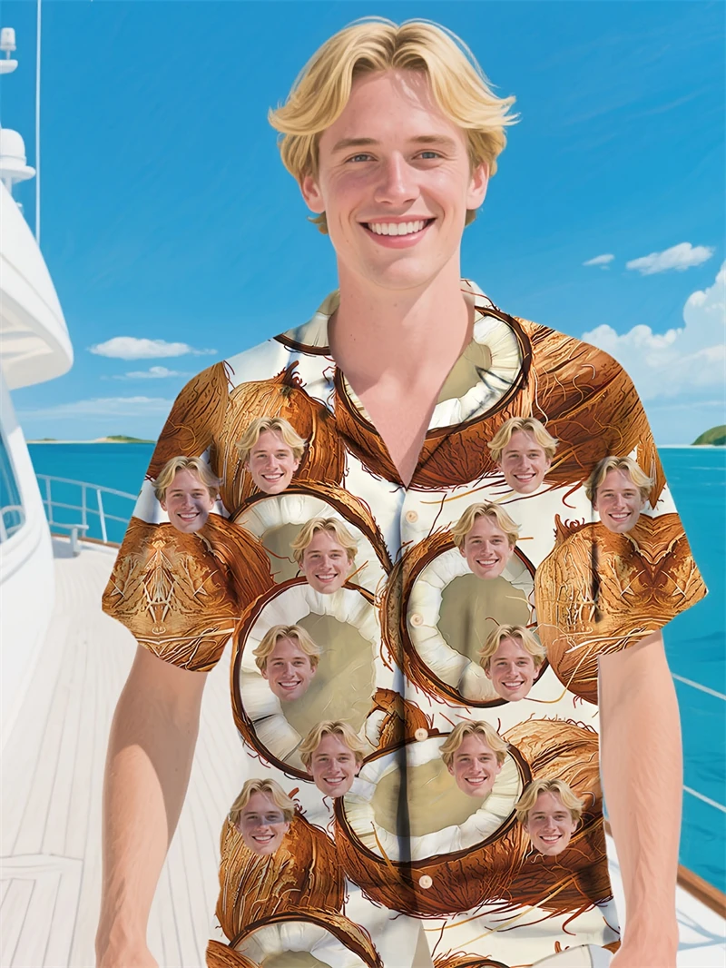

Custom Face Coconut Hawaiian Man Women Shirts Personalized Photo Tropical Fruit Print Button Down Beach Tops High Quality Shirt
