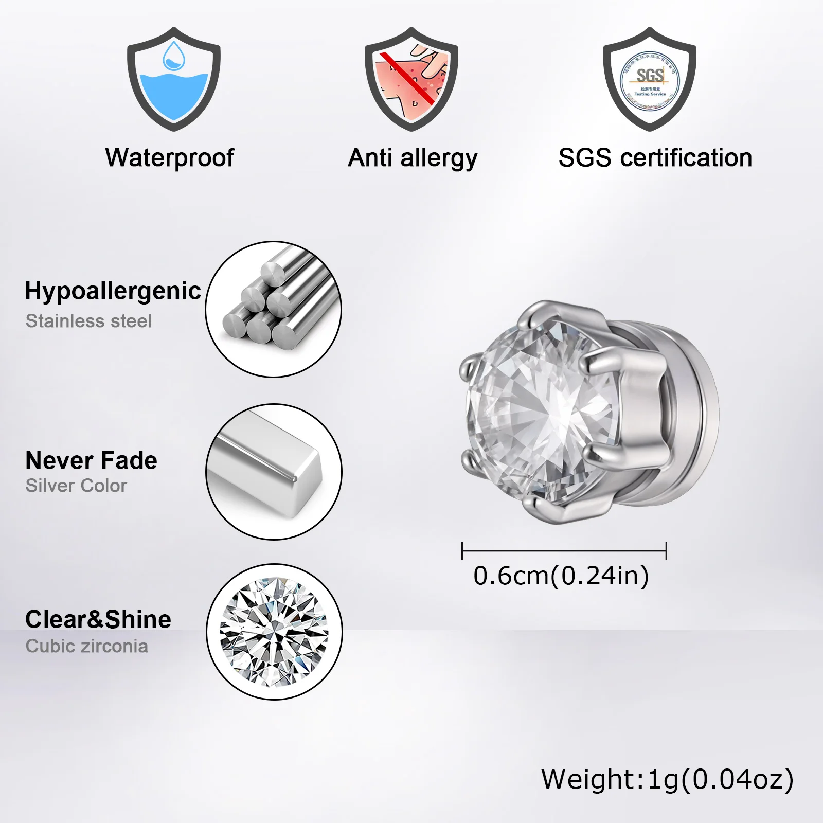 Vnox Six Claw Zircon Magnetic Clip Earrings for Men Women, Stainless Steel Non-Pierced Clip-on Earrings, Cubic Zirconia Ear Gift view 3
