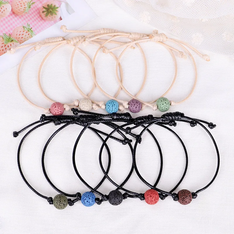 Colorful Lava Stone Beads Bracelet DIY Essential Oil Perfume Diffuser Handwoven Wax Cord Bracelet Adjustable Size Hand Jewelry
