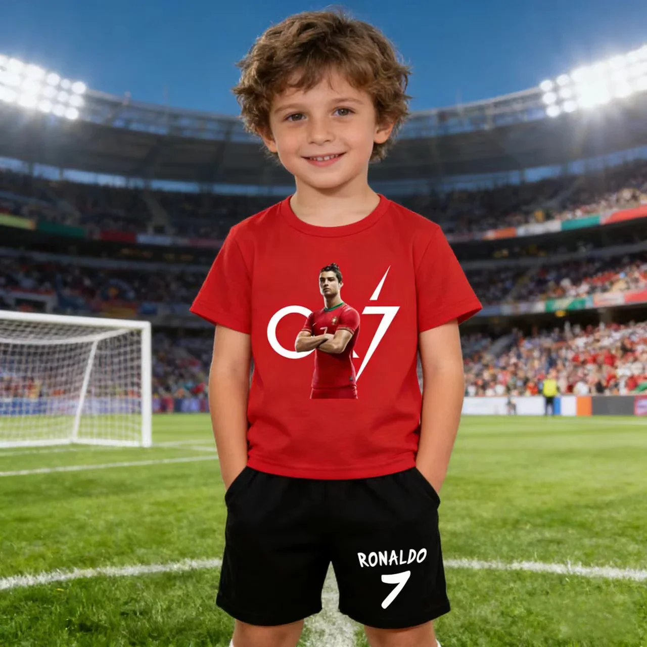

Children 3-12Y Summer Sports Suit CR7 Letter Print Short Sleeve Tee + Shorts Football Two-Piece Set