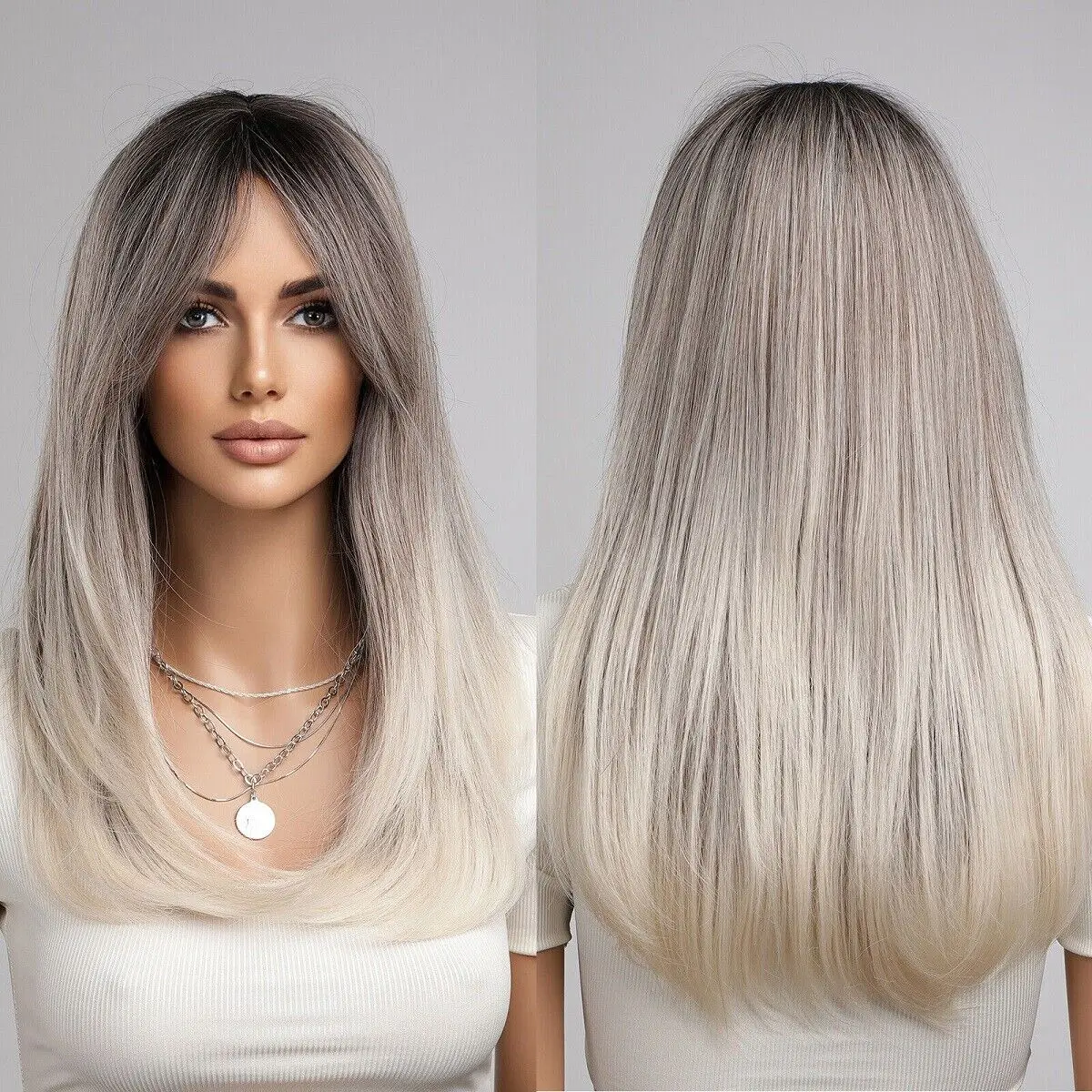 

Long Natural Ombre Ash Sliver Layered Synthetic Hair Wig with Bangs for Women