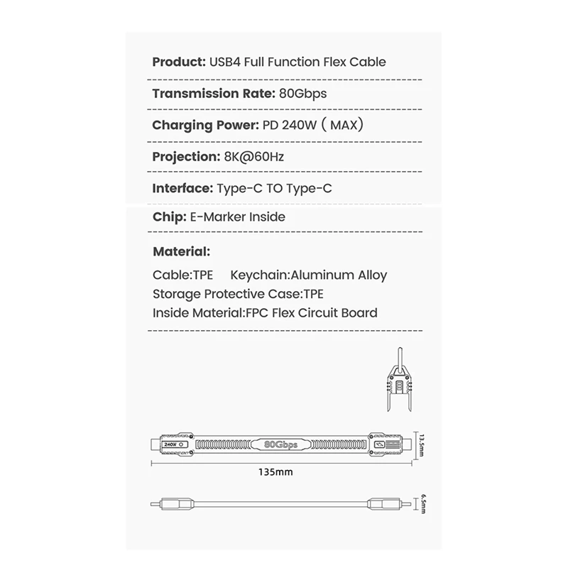 ELECT-USB C To Type C Cable 80Gbps 8K 60Hz USB4 PD240W Fast Charge Portable Keychain Power Bank Wire Black