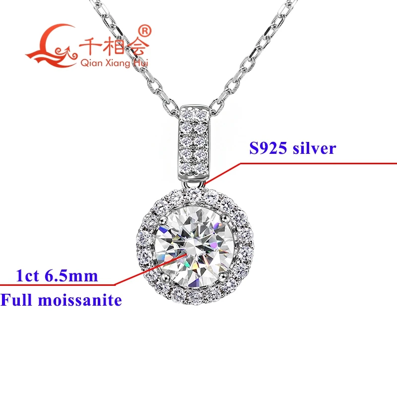 10 มม.S925 เงิน 6.5 มม.1ct รอบรูปร่าง D VVS moissanite จี้ choker สร้อยคอเครื่องประดับของขวัญวาเลนไทน์เดทงานแต่งงาน