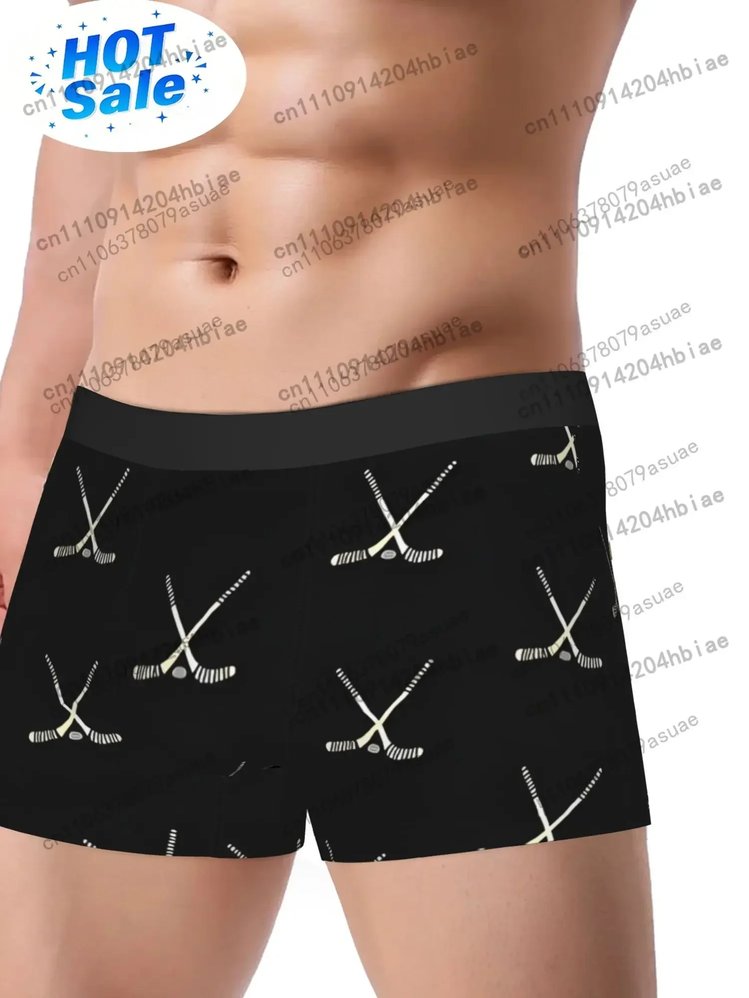 1pc Men'S Hockey Stick Print Boxer BriefsBreathable Underwear with Crossed Hockey Sticks Design White Athletic Style Black