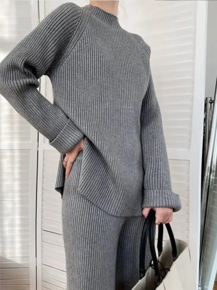 Women\'s Knitted Two Piece Set Autumn Winter Tracksuit Pullover Sweater Wide Leg Pants Suit Harajuku Warm Solid Casual Clothes