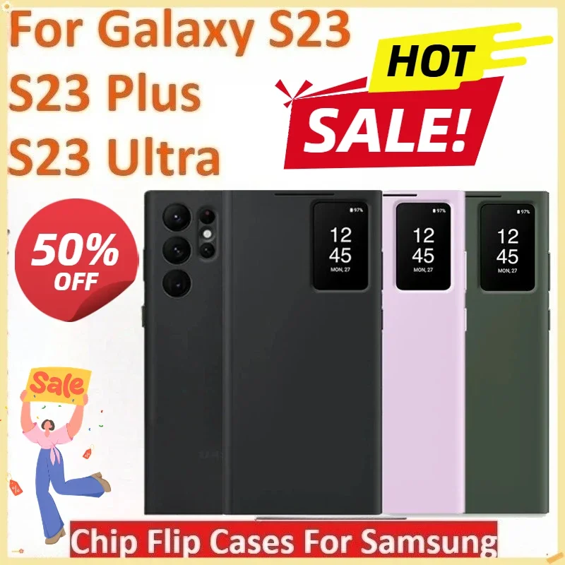 

New Window View Free-flip Answer Calls Smart Chip Flip Leather Cases For Samsung Galaxy S23 / S23 Plus / S23 Ultra High Quality