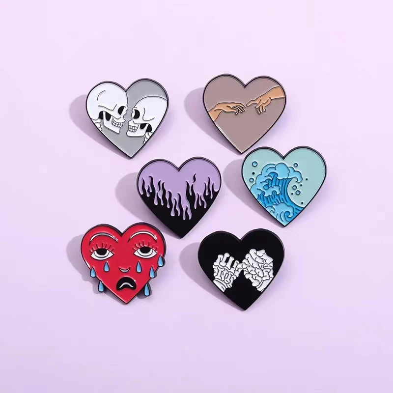 Punk Heart Shape Enamel Pins Custom Skeleton Lovers Ocean Wave Tears Brooches Lapel Badges Funny Jewelry Gifts Drop Shipping