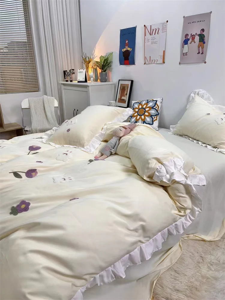 Ins Princess Wind Small Floral Rabbit Towel Embroidered Bed Four-piece Set Washed Cotton Pink Quilt Set Sheet Dormitory