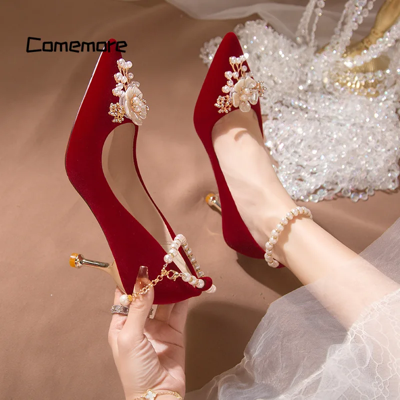 Comemore Red High Heel Chinese Style Bridal Wedding Shoes Women 2024 Beaded Women\'s Shoe Pointed Toe Pumps Fashion Pump Heels 34