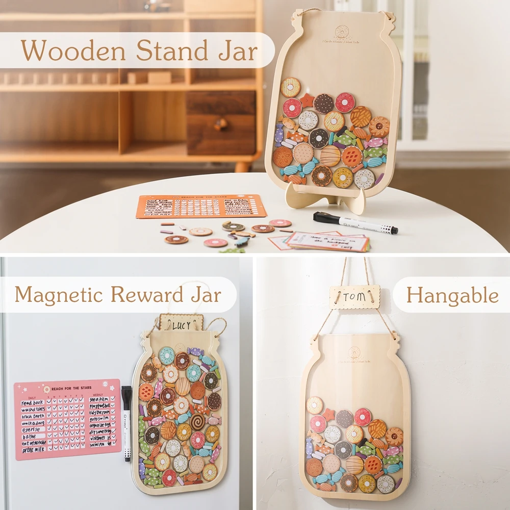 Baby Montessori Toys Kids Wooden Reward Jar Personalized Educational Toy Children Reward Record Bottle Star Doughnut Slices Gift