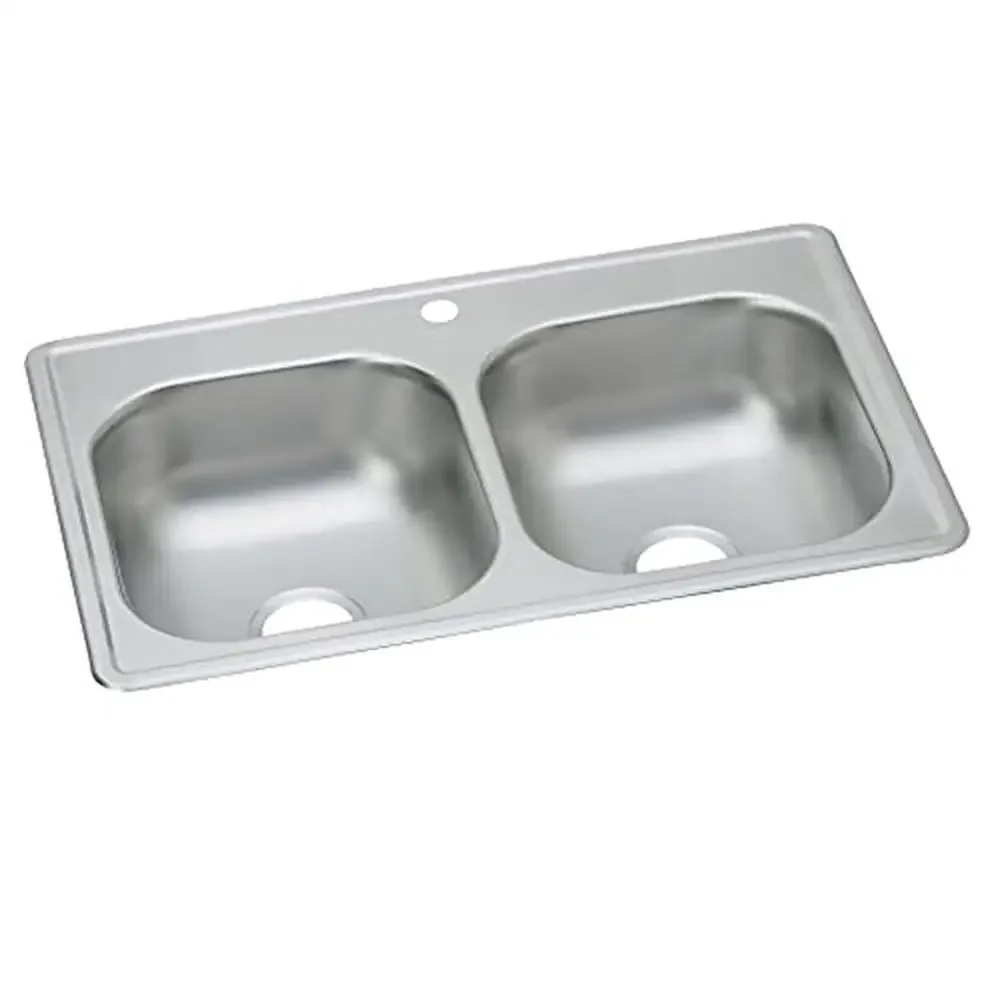 Double Bowl Drop-in Stainless Steel Sink 33x19x8 Commercial Grade Quiet Center Drain Easy Install Daily Cleaning Elite Satin