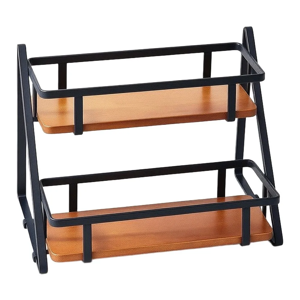 Natural Wood 2 Shelf Storage Rack with Sloped Base for Kitchen Bath Desk Use Spice Makeup and Skincare Organization