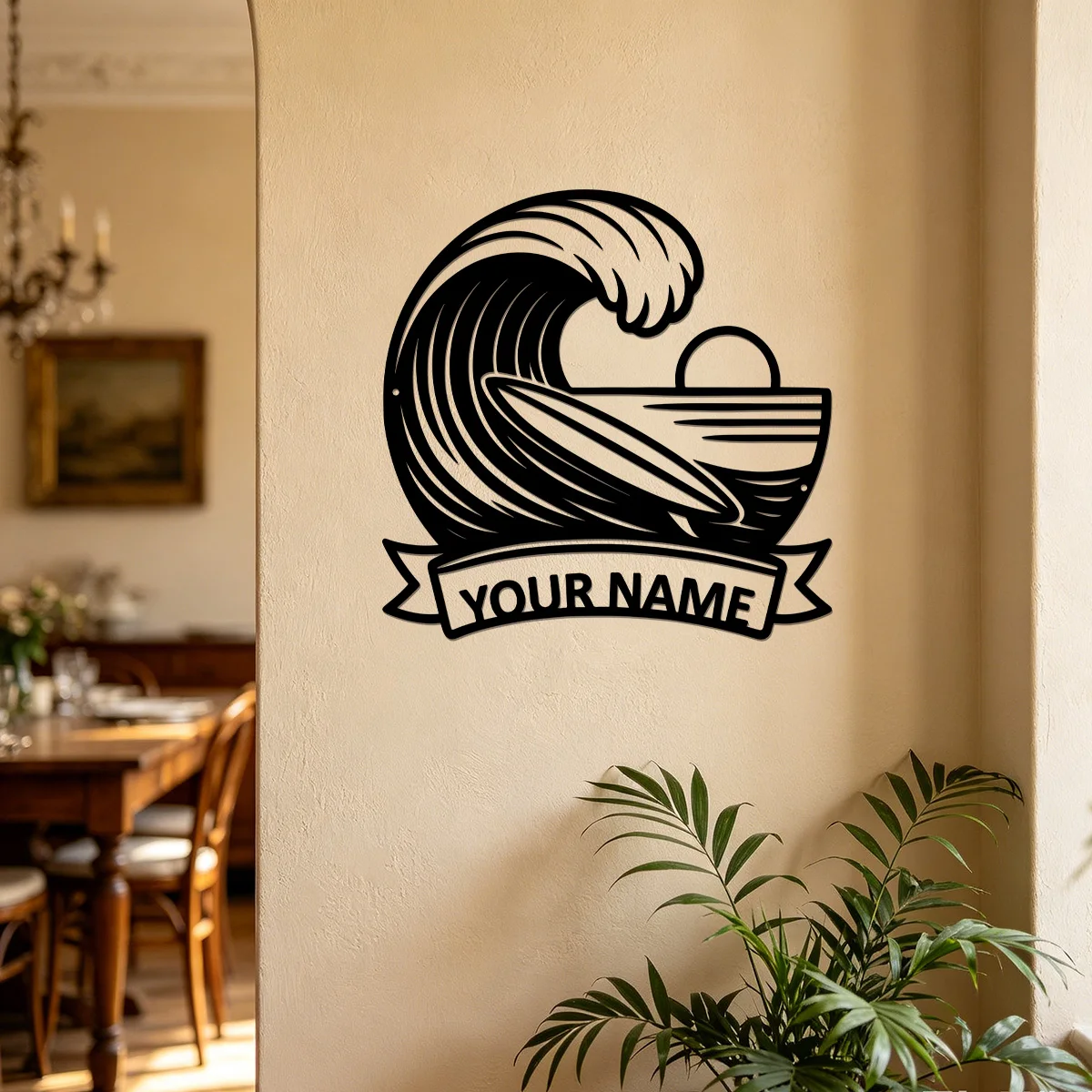 Custom Surfer Name Sign Metal Wall Art, Personalized Ocean Wave Surfboard Wall Sign, Beach Home Decor Surf Lover Present 30x30cm