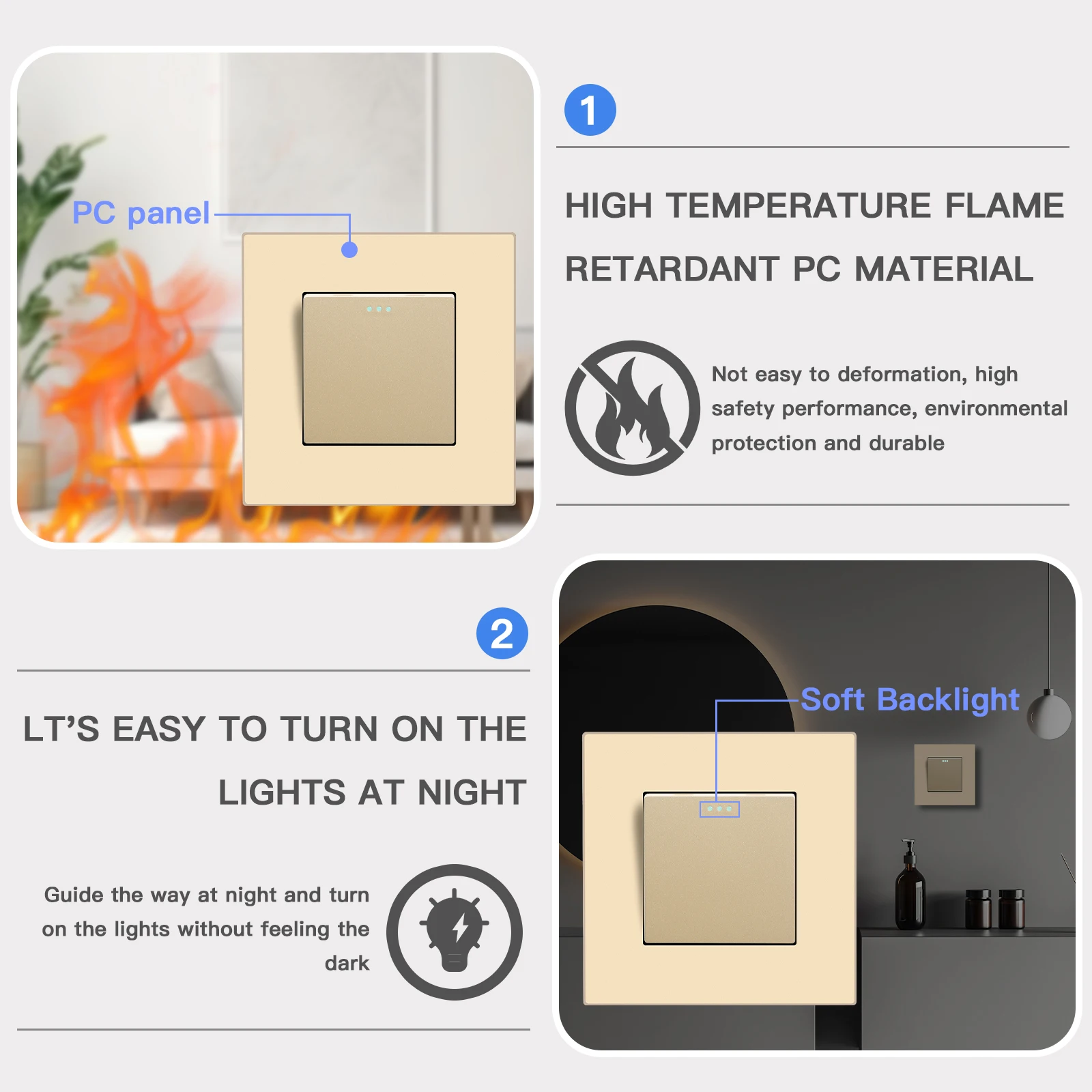 BSEED 1/2/3Gang 1Way Mechanical Light Switch Plus Electrical Outlets Plastic Frame Wall Switch On Off Power Socket