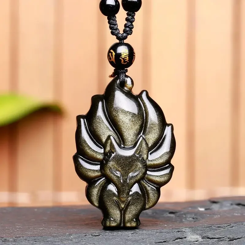 Natural ice Obsidian dragon fox pendant fashion boutique jewelry hand carved nine tail fox Necklace Gift Accessories