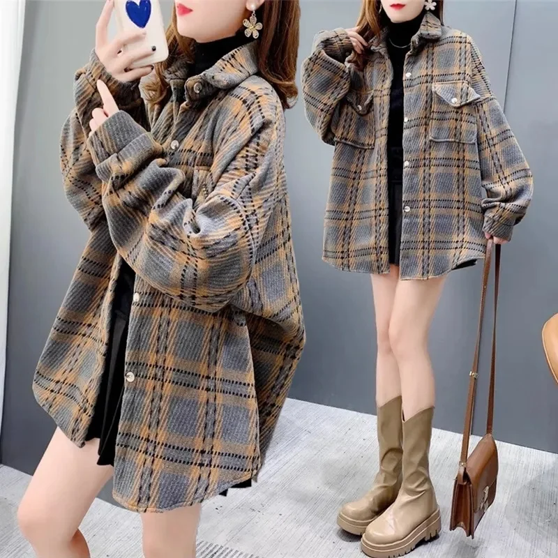 ربيع الخريف رقيقة الرملي منقوشة قميص المرأة 2025 جديد حجم كبير معطف تصميم الشعور ملابس خارجية الإناث ملابس خارجية فضفاضة المد #3