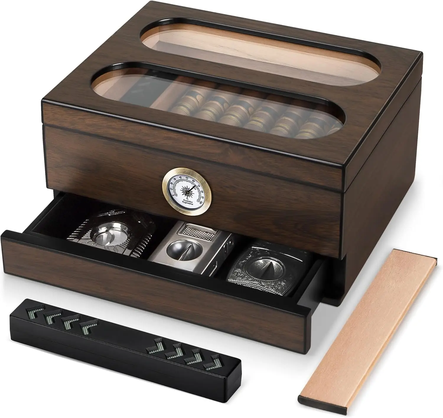 

Хьюмидор для сигар с гигрометром, увлажнителем и ящиками - верхняя часть из закаленного стекла, дерево испанского кедра, вмещает 20-35 сигар