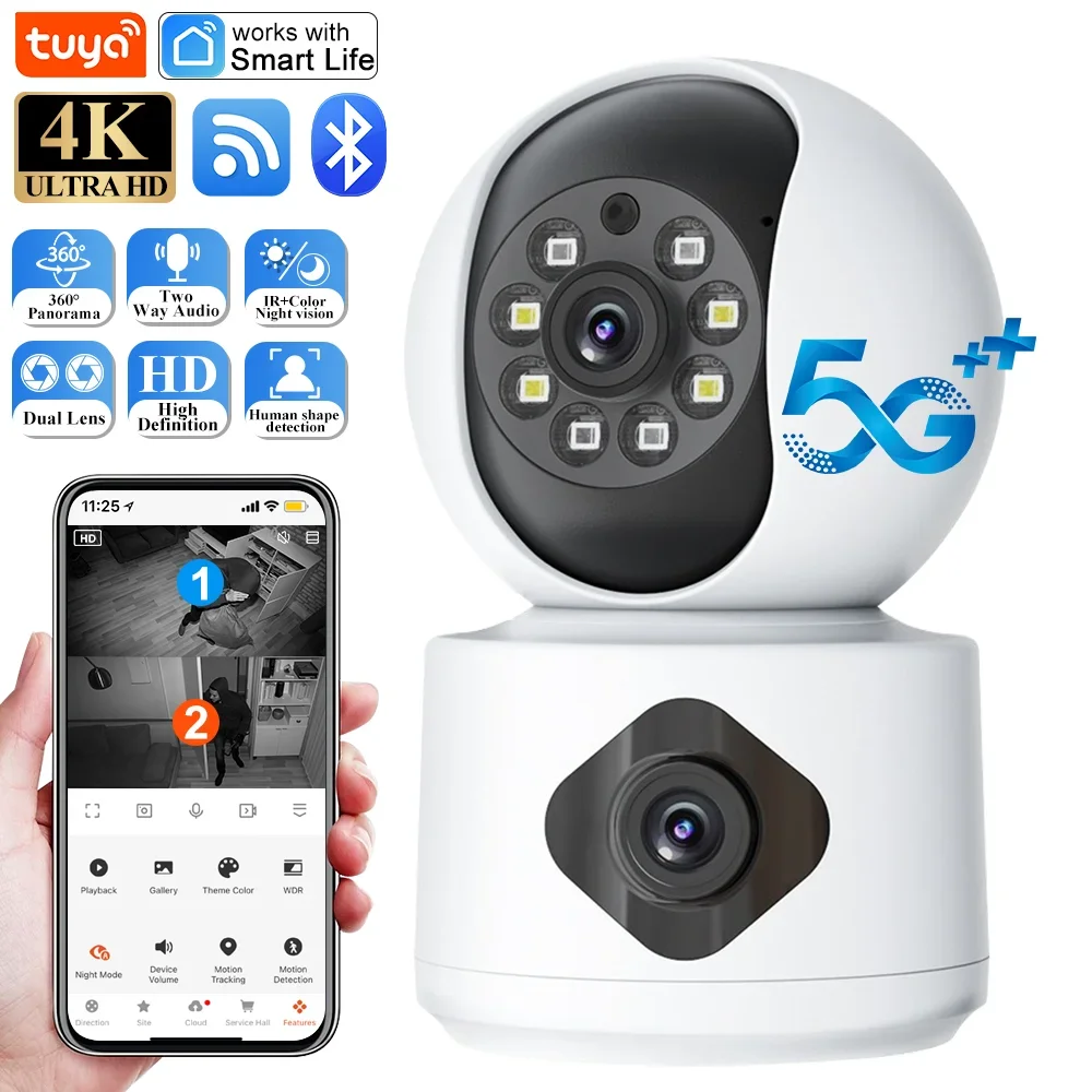 Tuya Smart Life 4k HD 5G WiFi Network Camera Dual Lens Walkie Talkie Color Night Vision Camera Auto Tracking Video Surveillance