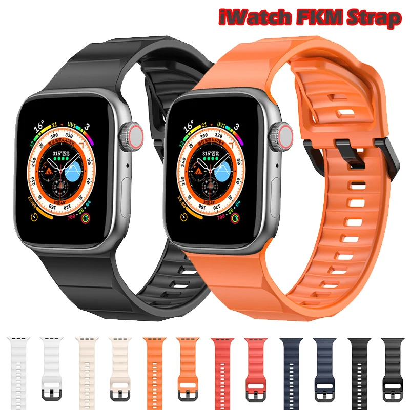 

Ремешок FKM для Apple Watch 8 7 41 мм 45 мм 49 мм 38 42 44 40, высококачественный браслет для Iwatch Ultra 49 мм 6 5 4 se, фторруглеродный ремешок