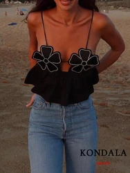 KONDALA Sexy Chic Black Women Tops Flower Appliques Camis Short Slim Top New Fashion 2023 Autumn Holiday Short Vest