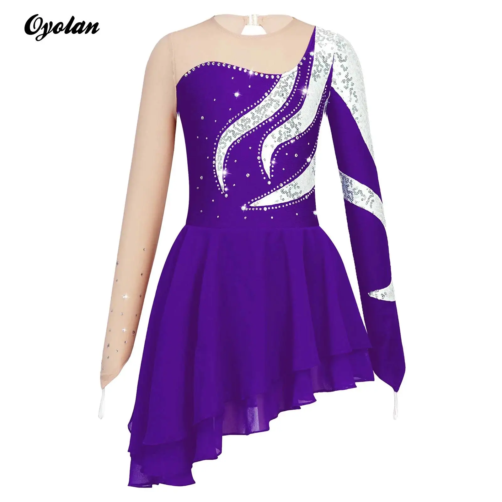 

Kids Girls Shiny Sequins Ballerina Tutu Dress Dancewear Ballet Lyrical Figure Skating Dance Dress Long Sleeve Dance Costume