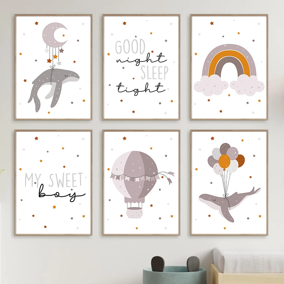 1pc frameless Canvas Painting Whale Moon Hot Air Balloon Rainbow Sleep Animal Poster Nursery Wall Art Print Canvas Painting Mode