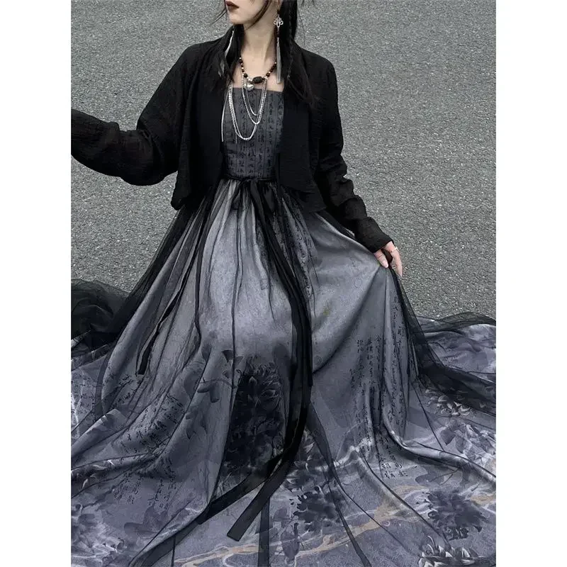 2024 Summer Improved Chinese Traditional Black Printed Hanfu Dress Two Piece Set Women Gothic Modern Halloween Cosplay Costume