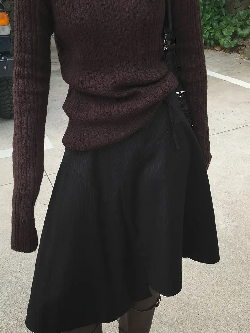 Korean Style Fashionable Draped Asymmetrical Stripe Belted Midi Skirt Women's High Waist A-Line Skirt City Walk Other Material