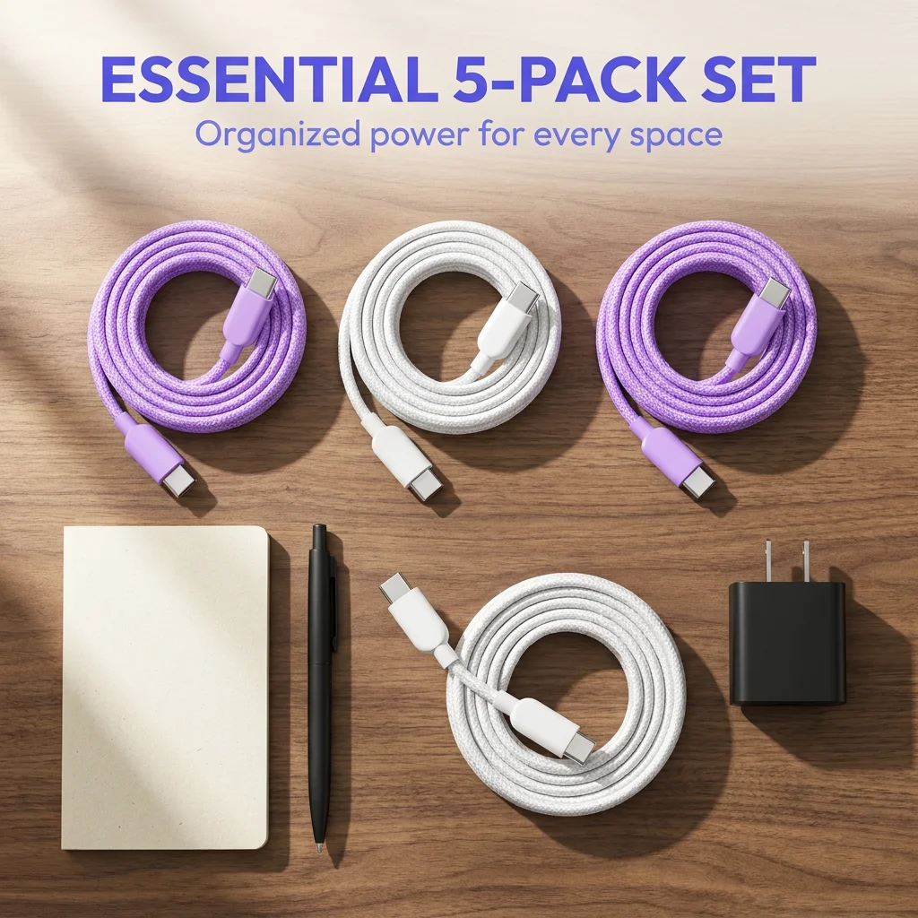 Purple USB C to USB C Cable 5 Pack, Nylon Braided Durable Type C Fast Charging Cable, Multi Length 1FT, High-Speed Data Sync for iPhone 15/16, Samsung, iPad, MacBook