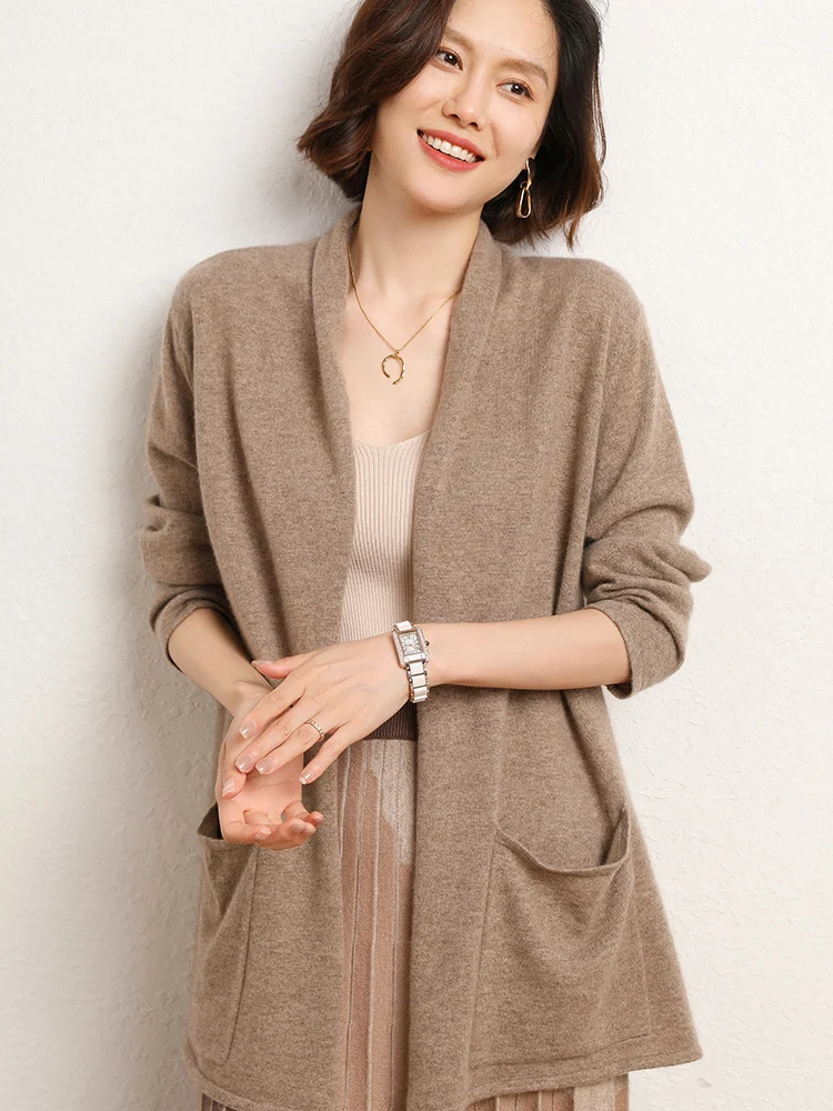 Women's Cardigan Sweater 100% Merino Wool Knitwear Spring Autumn Solid Pockets Loose Coat Cashmere Long Sleeve Casual Grace Tops