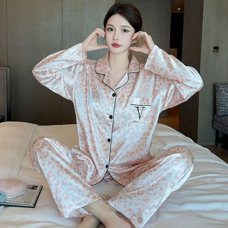 Silk Pajamas for Women Leopard Print Pijamas Women Summer 2025 New Long-sleeved Ins Simple Girl Sleepwear 2pcs Plue Size