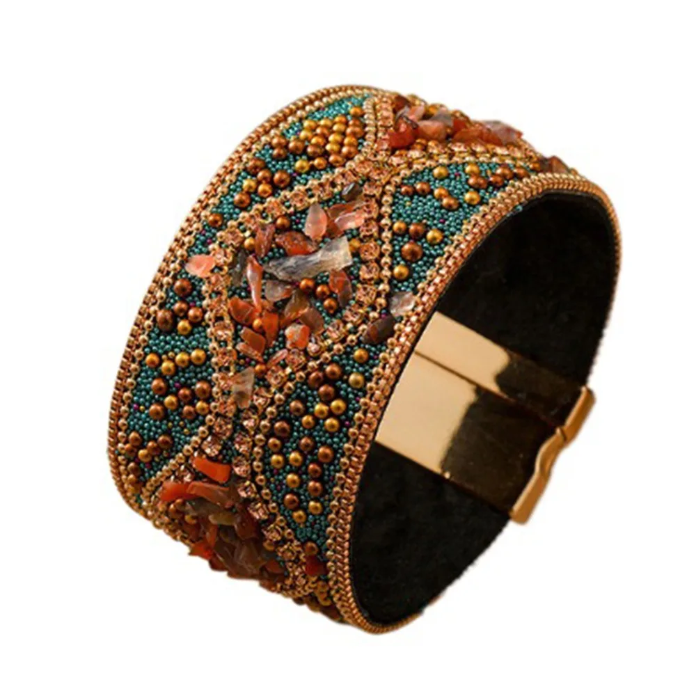 Ethnic Style Magnetic Clasp Bracelet Retro Bohemian Rhinestone Women's Bracelet Magnetic Closure Flower Pattern