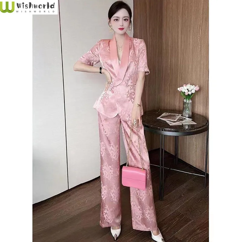 

2022 Spring and Summer New Style Temperament Korean Printed Suit Wide Leg Pants Two-piece Elegant Women's Suit