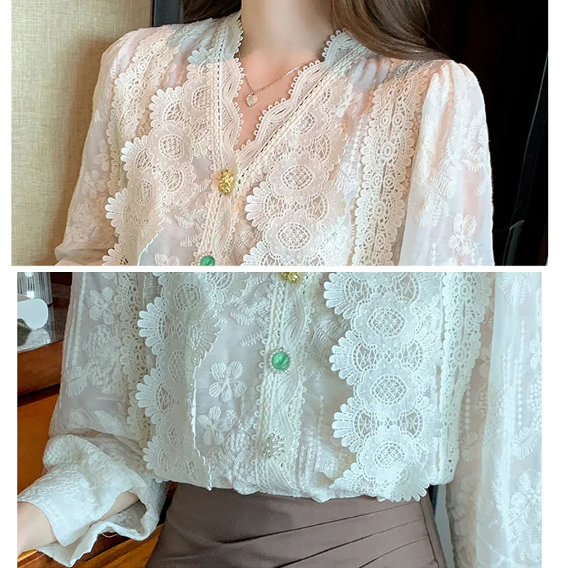 Elegant Hollow Lange Mouwen Wit Blouse 2022 Herfst V-hals Franse Vintage Kant Stiksels Shirt Vrouwelijke Tops Knoppen Blusas 23024