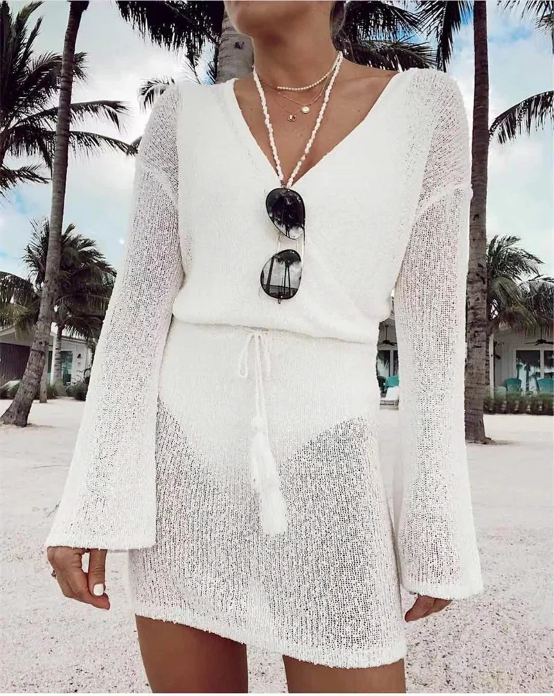 

Summer Long Sleeve Deep V Neck Crochet Bikini Cover up Sexy See-through Beach Dress Women's Swimwear Sunscreen Tunic
