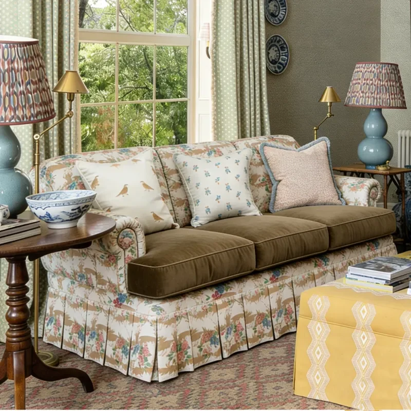 Pastoral Printed Fabric Sofa Living Room Floral Three Seater Solid Wood Skirt Base Couch for Home