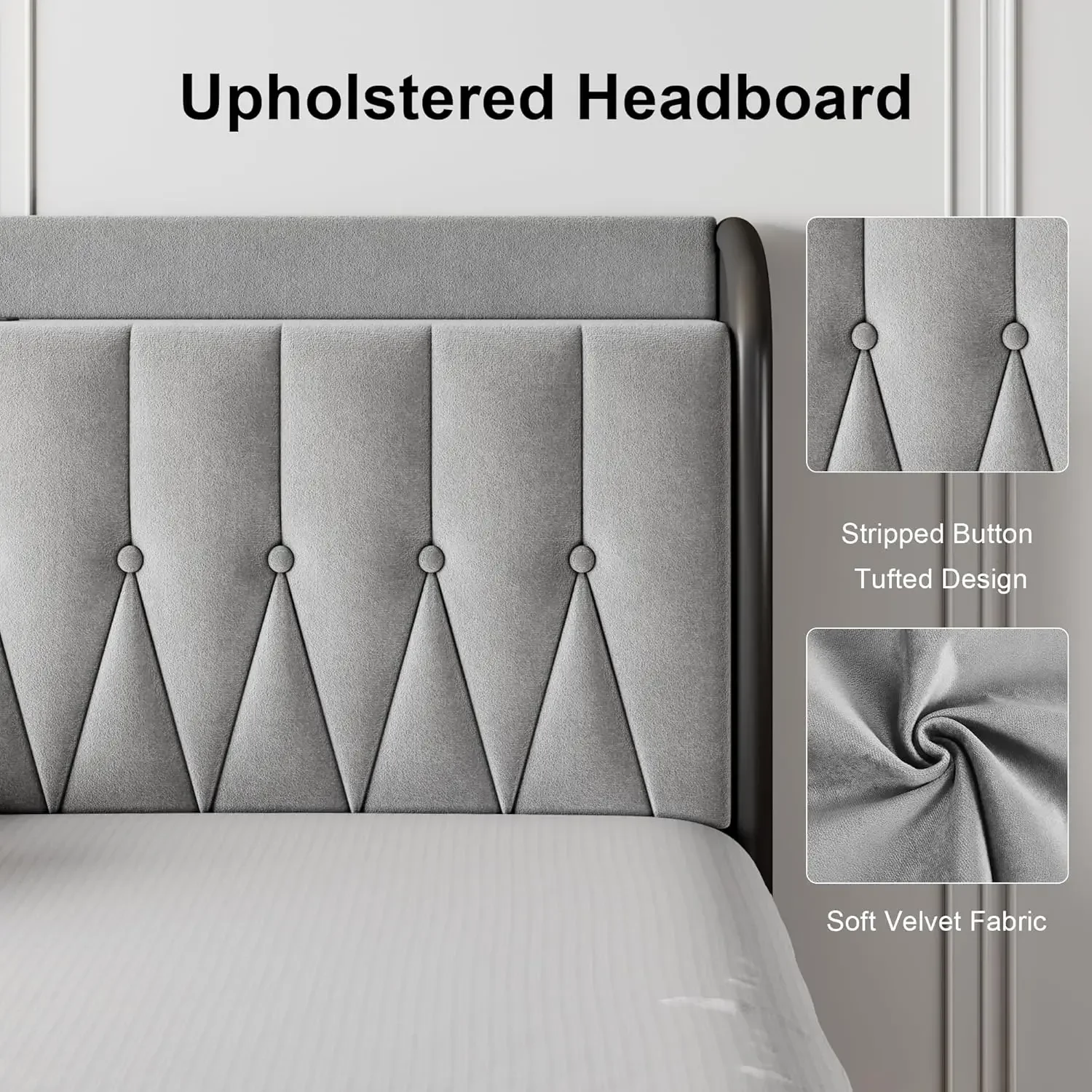 Feonase-Queen Bed Frame com Tipo-C e Porta USB, Metal Plataforma Camas, Veludo Estofados Cabeceira, Footboard, 12 polegadas