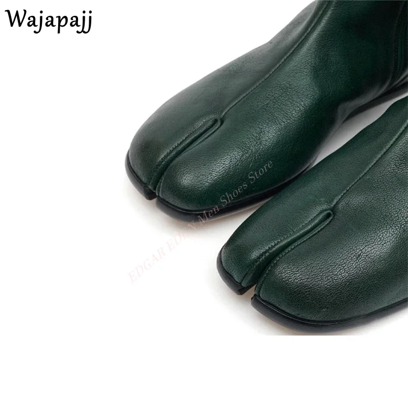 Retro Men Dark Green Leather Split Toe Boots Spring Autumn Male High-Top Short Boots Comfortable Slip On Ankle Boots