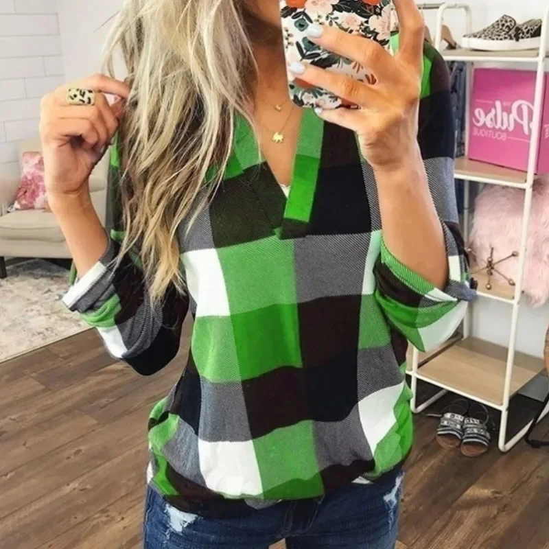 Spring Autumn Vintage Classical Plaid Print V-neck Long Sleeve Casual Pullover Shirt Elegant Fashion Loose Blouse Female Clothes